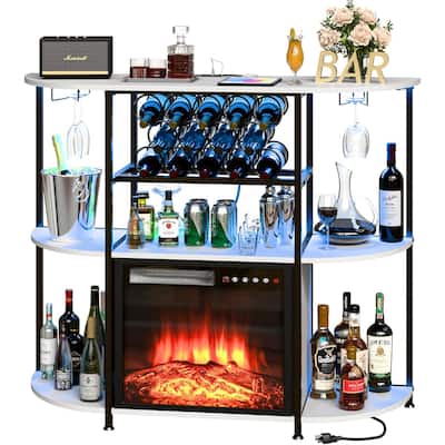 BOSSIN Wine Rack with Power Outlet and LED Lights, Home Bar Table Cabinet for Liquor with Fireplace,4-Tier Storage Glass Holder