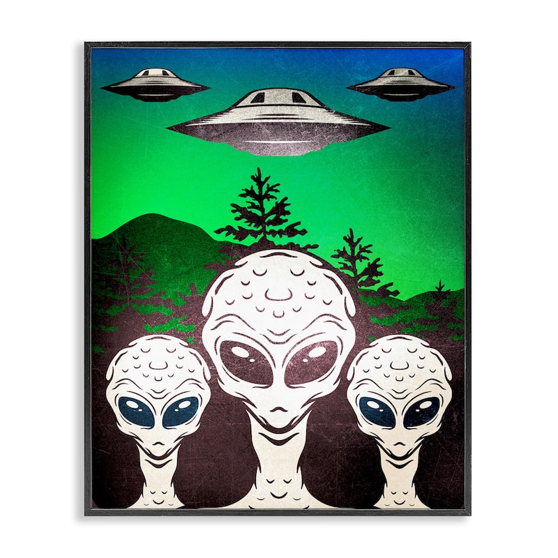 Stupell Vintage Aliens & UFO Framed Giclee Art Design By Kim Allen - 16 x 20 - Black