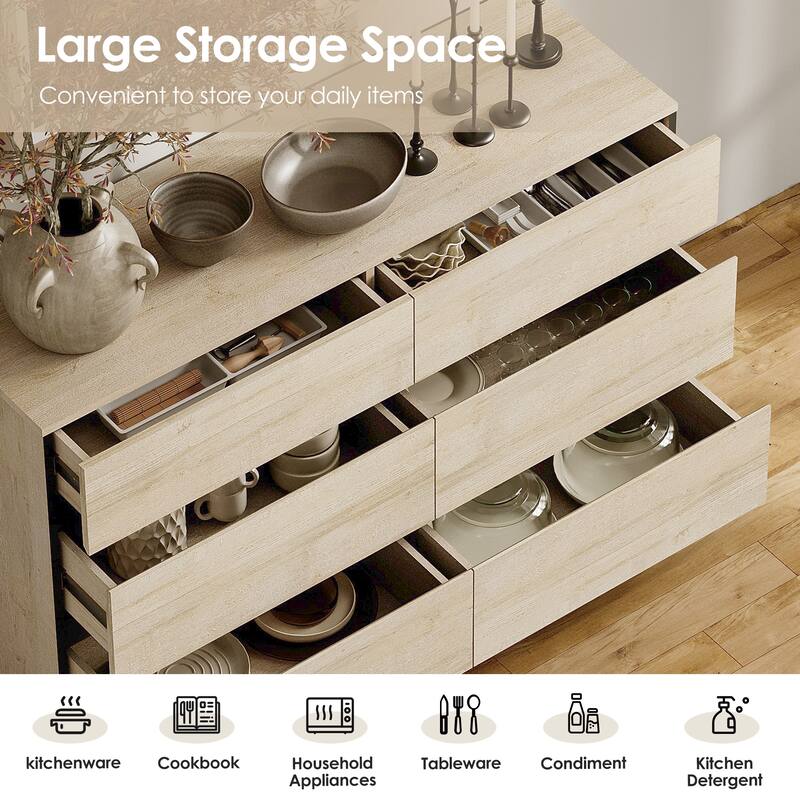 WAMPAT 3 in 1 Multifunctional Dresser with Glass Doors and 6 Drawers, Modern Chest of Drawers for Bedroom