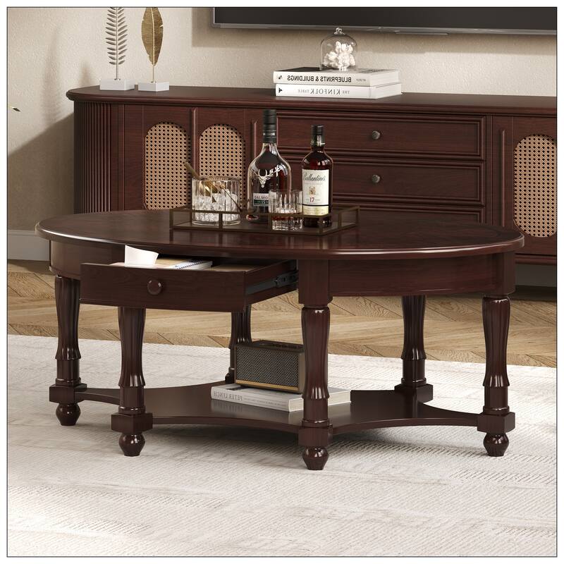 Vintage Oval Coffee Table with Drawer and Storage Shelf