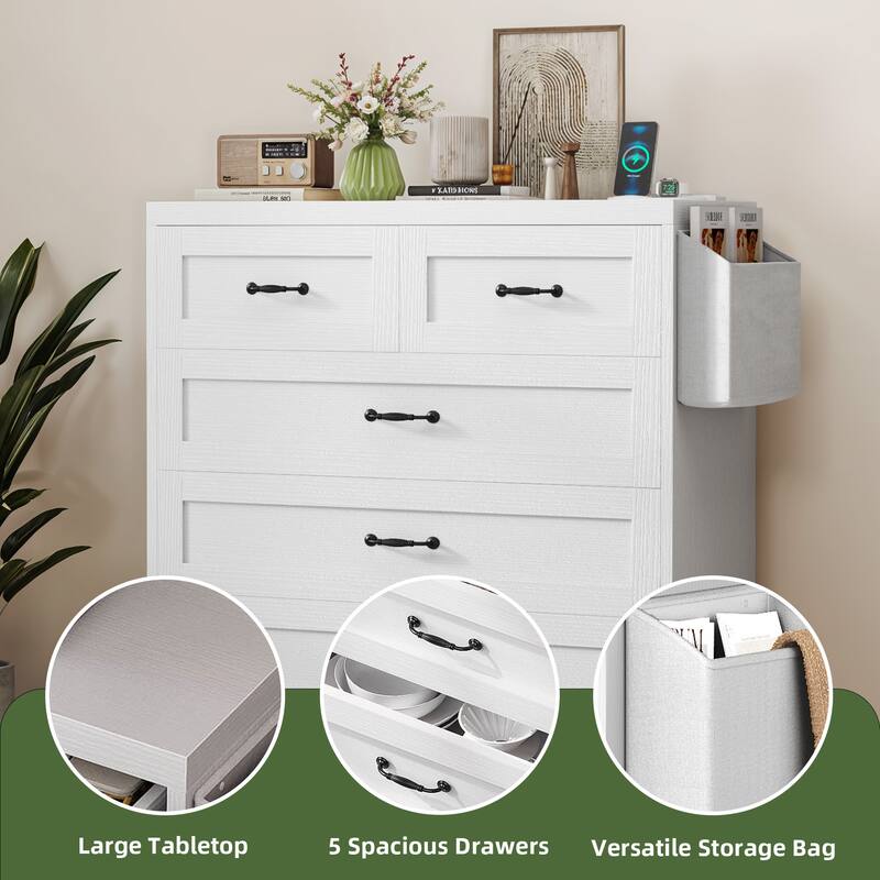 Vintage Double Dresser Chest of Drawers with Charging Station and Side Organizer Bag