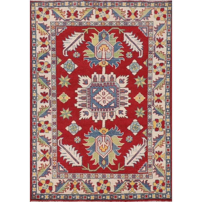 Traditional Kazak Foyer Rug Handmade Red Geometric Wool Carpet - 3'5" x 5'1"