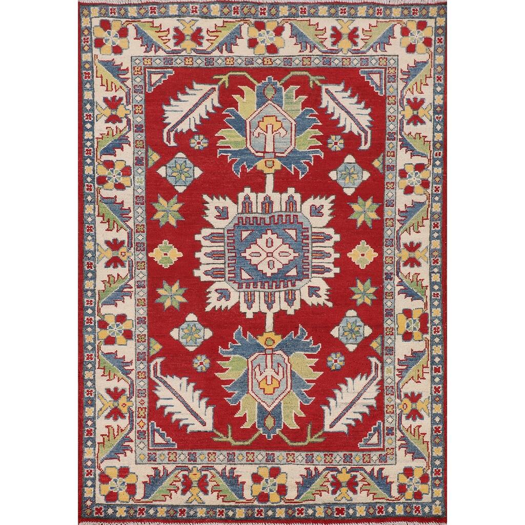 Traditional Kazak Foyer Rug Handmade Red Geometric Wool Carpet - 3'5" x 5'1"