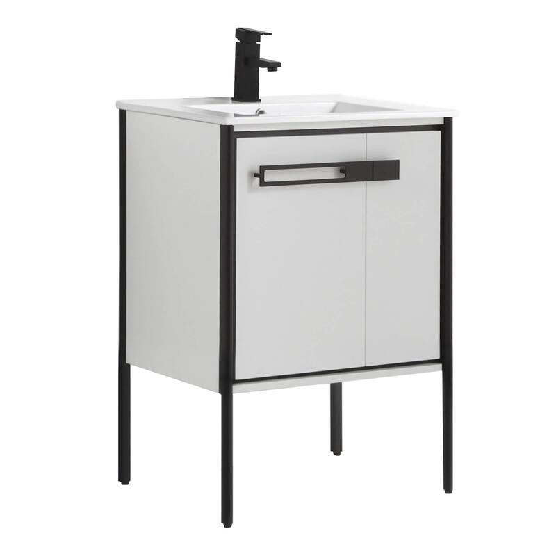Fine Fixtures Oakville Bathroom Vanity with White Ceramic Sink - 24 Inch - White Matte - Black Hardware