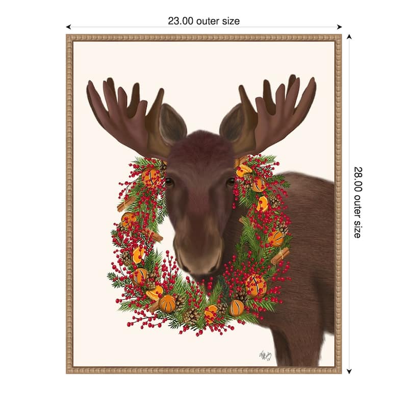 Christmas Moose and Cranberry Wreath by Fab Funky (23 x 28 in.), Framed Canvas Wall Art Print - Sylvie Beaded Rustic Natural