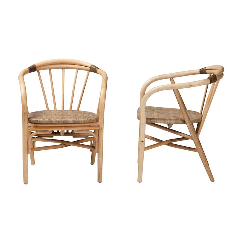 Rattan Dining Chair - Natural Brown Armrest Accent Chair - Boho Style Furniture for Kitchen or Dining Room