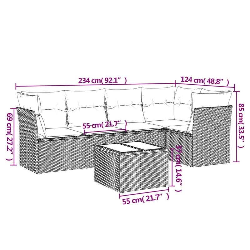 vidaXL 6 Piece Patio Sofa Set with Cushions Black Poly Rattan - 72.1x27.2x48.8