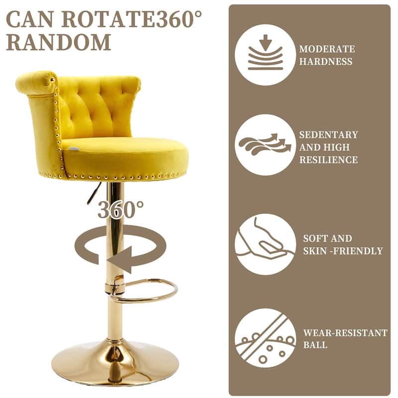 Velvet Upholstered Tufted Nailheads Swivel Adjustable Height Bar Stools With Golden Footrest(set of 2)