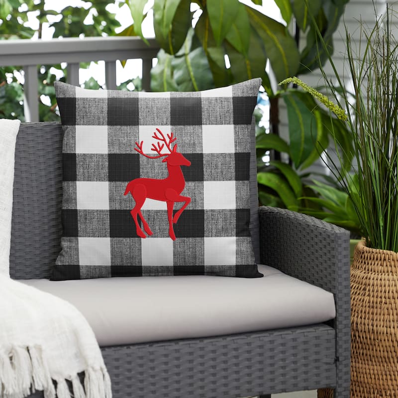 Deer Buffalo Plaid Indoor/ Outdoor Pillow, 18 in x 18 in - Black