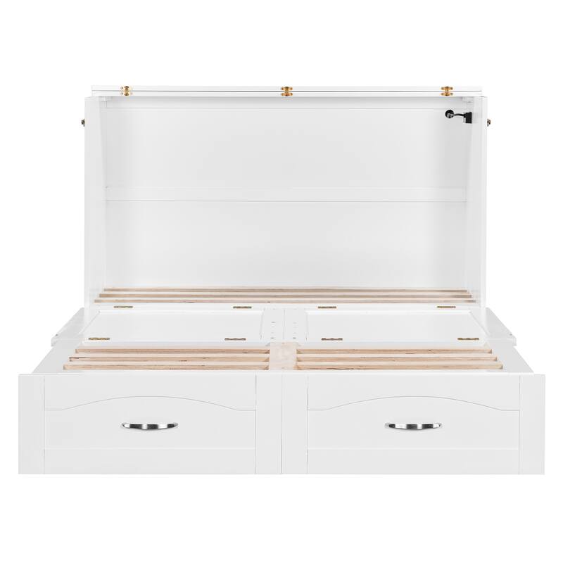 Full Size Murphy Bed Chest Wooden Wall Cabinet Bed with Drawer and Charging Station, Foldable Platform Wall Bed Frame