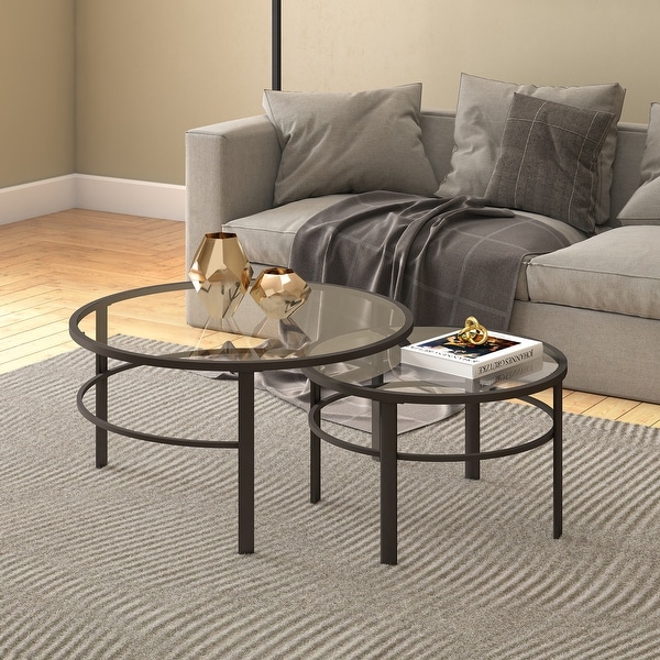 Ivinta Round Nesting Coffee Table Set of 2 31.5 and 23.6 inch Accent Tea Tables with Gold Metal Frame Legs Modern Tempered Glass Coffee Tables for Living Room Clear, Glass