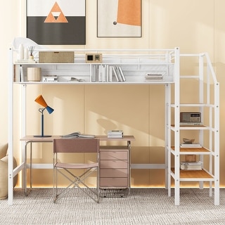 White Metal Loft Bed wGrid Storage Guardrail, Storage Ladder - Twin