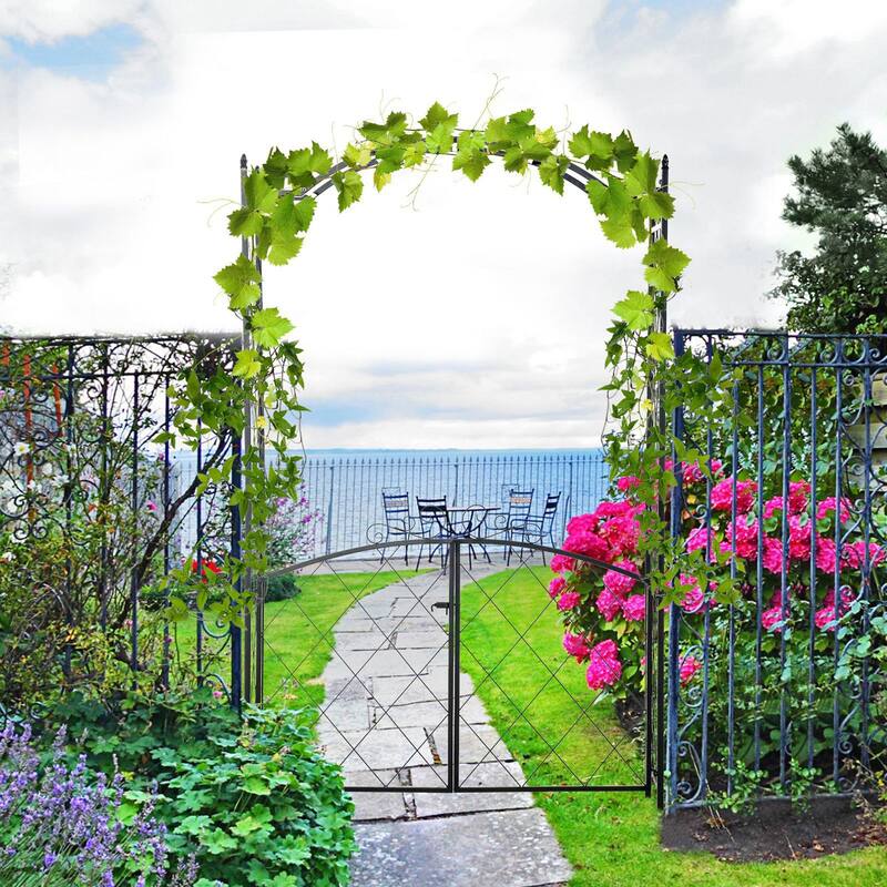 Outsunny 85" x 19" Metal Garden Arch & Gate with Scrollwork for Climbing Vines/Decoration & Ground-Mountable Columns - Black - Iron