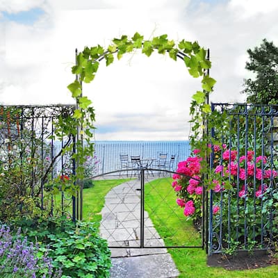 Outsunny 85" x 19" Metal Garden Arch & Gate with Scrollwork for Climbing Vines/Decoration & Ground-Mountable Columns
