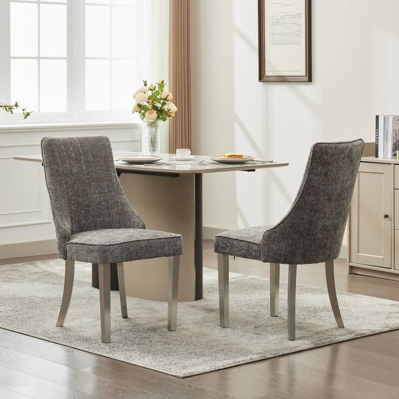 Set of 2 High-Back Upholstered Dining Chairs with Gold Metal Legs - Chenille Fabric Kitchen & Accent Chairs - Gray+Silver