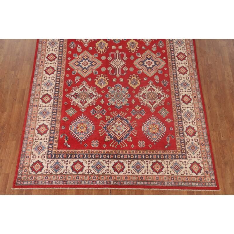 Red Kazak Area Rug Handmade Geometric Wool Carpet - 7'2"x 10'0"