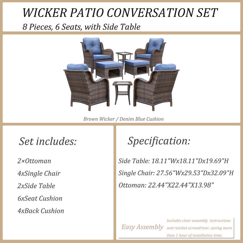 8 Piece Outdoor Wicker Patio Furniture Conversation Chair and Ottoman Set