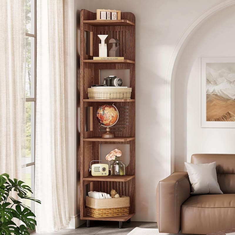 6-Tier Tall Brown Wood Corner Shelf, 71 Inches Corner Bookshelf for Living Room - Brown