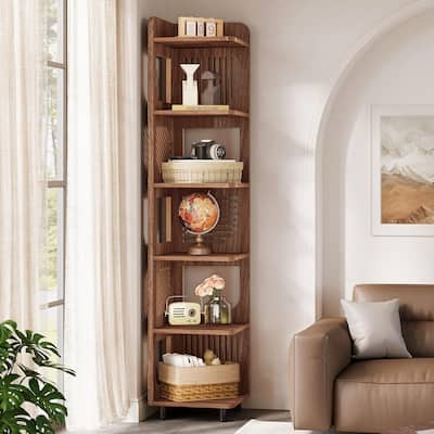 6-Tier Tall Brown Wood Corner Shelf, 71 Inches Corner Bookshelf for Living Room