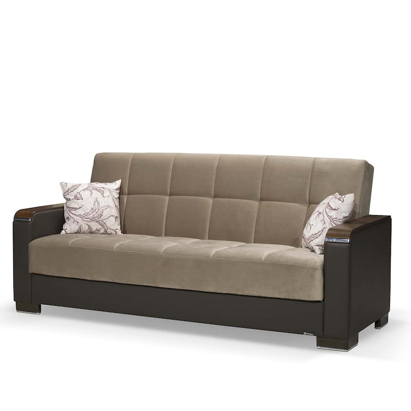 HomeRoots 87" Brown And Sand Chenille And Faux Leather Convertible Futon Sleeper Sofa With Toss Pillows And Storage