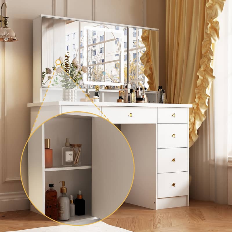 Makeup Vanity with 3-Color Lighted Mirror, Large Vanity Table Dressing