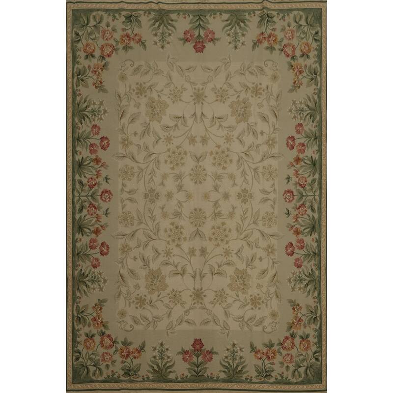 Hand Knotted Oriental 100% Wool Carpet Traditional Floral Beige & Ivories Aubusson Area Rug - 9' 8'' X 7' 6''