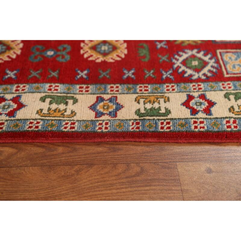 Red Geometric Traditional Kazak Oriental Wool Runner Rug Hand-knotted - 2'9" x 9'4"