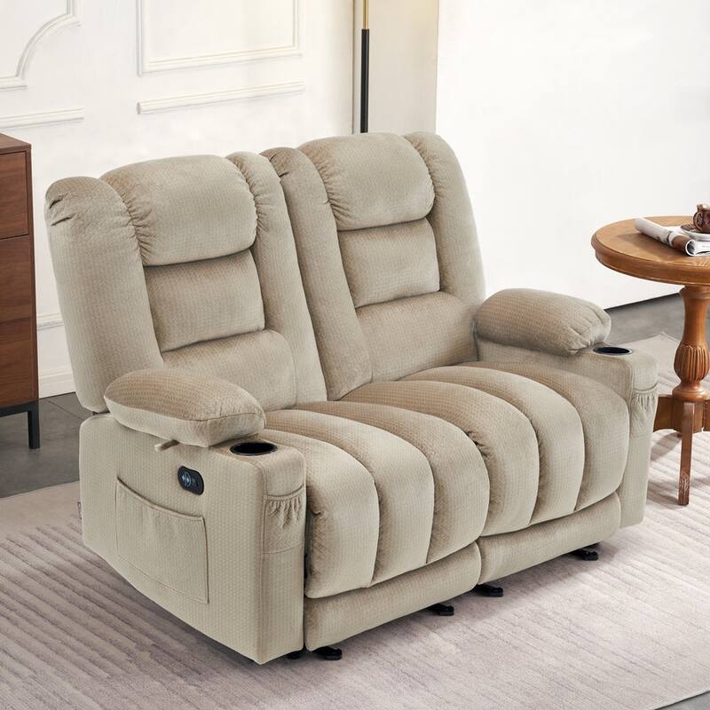 MCombo Power Reclining Loveseat Sofa with Heat and Massage, Fabric PR648 - 2-Seat Beige