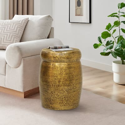 Kvira Round Drum Side End Table Artisan Hammered Embossed Texture Antique Gold Brass Finish