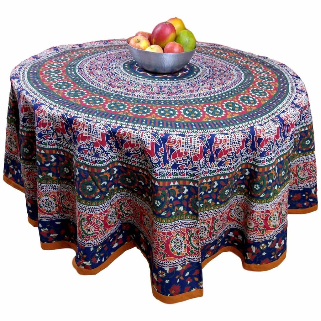 Cotton Happy Elephant Mandala Floral Tablecloth Round