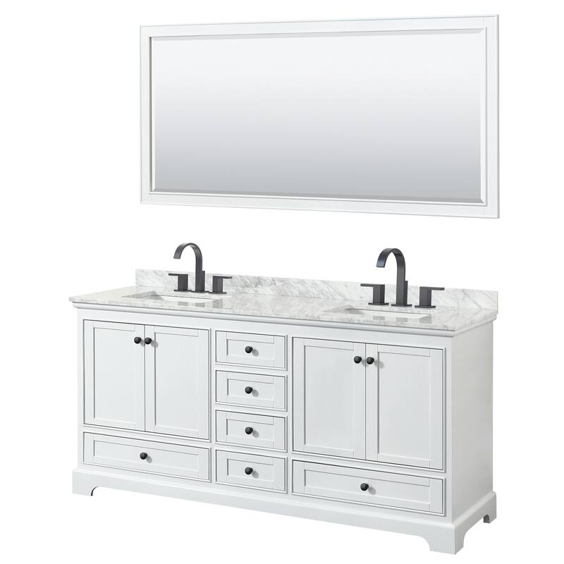 Deborah 72-inch Double Vanity, Square Sinks, 70-inch Mirror - White, Black Trim, White Carrara Marble Top