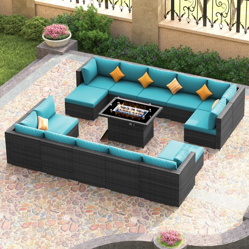 FINCATI Outdoor Furniture Wicker Sectional Patio Conversation Sofa Set with 43″ Fire Pit Table