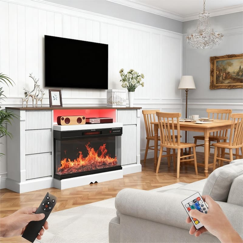 Modern 3-Sided Glass TV Stand with Electric Fireplace for TVs up to 80" - N/A