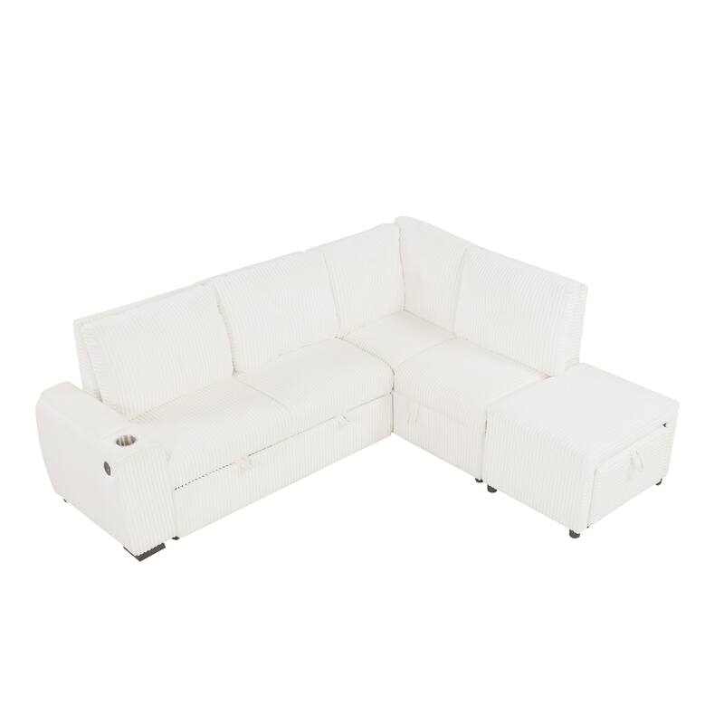 94" Creamy White Corduroy Sectional Pull-out Sofa Bed with Ottoman, Stool, Storage, Cup Holder & USB Ports