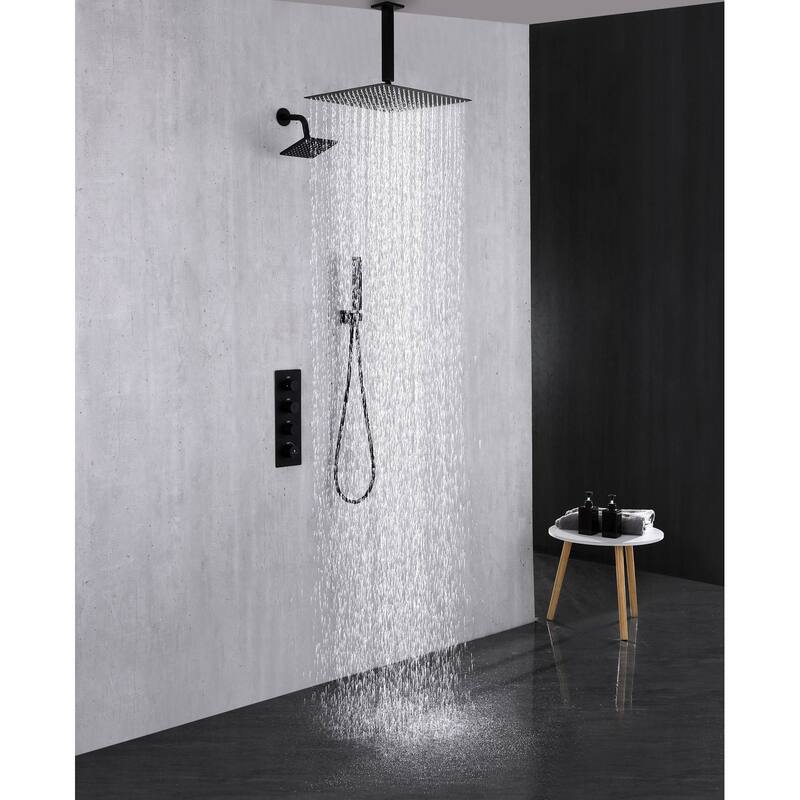 Dual Shower Heads System 6" Wall Mounted High Pressure Regular & 12" Ceiling Rainfall Shower Head w/ 3 Way Thermostatic Faucet