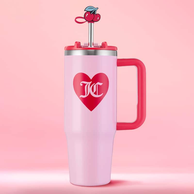 Juicy Couture Jetsetter Hydration Stainless Steel Tumbler with Handle and Straw With Topper - 30oz - Light Pink