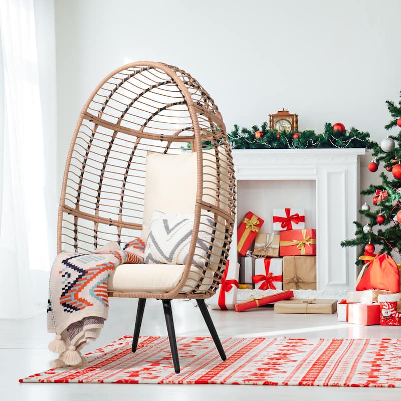 Outdoor 1-Person Wicker Rattan Egg Chair with Stand & Cushion for Porch, Bedroom