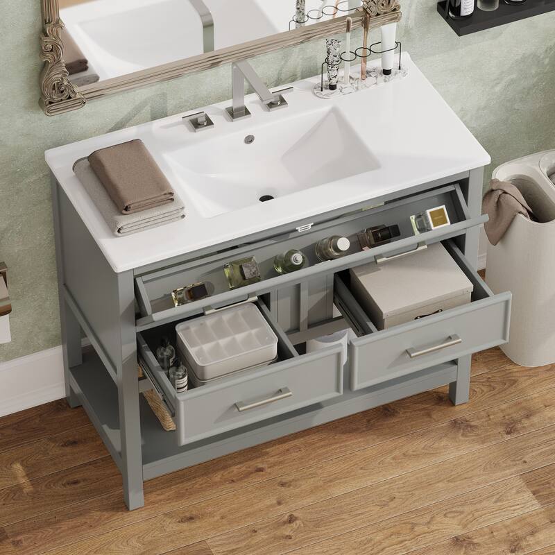 Bathroom Vanity with Sink, Multi-Functional Wood Bathroom Cabinet, Vanities Set with Open Shelf, Tip-Out Tray & 2 Drawers