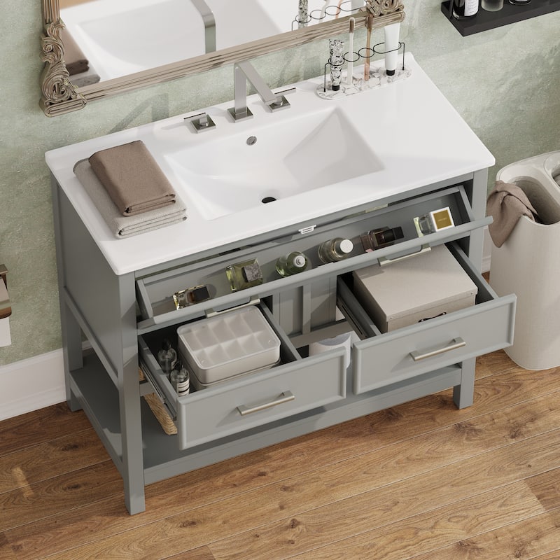 Roomfitters 36" Bathroom Vanity with Ceramic Sink, Tip-Out Tray, 2 Full-Extension Soft-Close storage units and Open Shelf