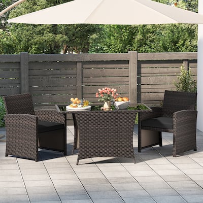3 Piece Patio Wicker Dining Set with Glass Table and Cushioned Chairs - 25" x 23.5" x 31"