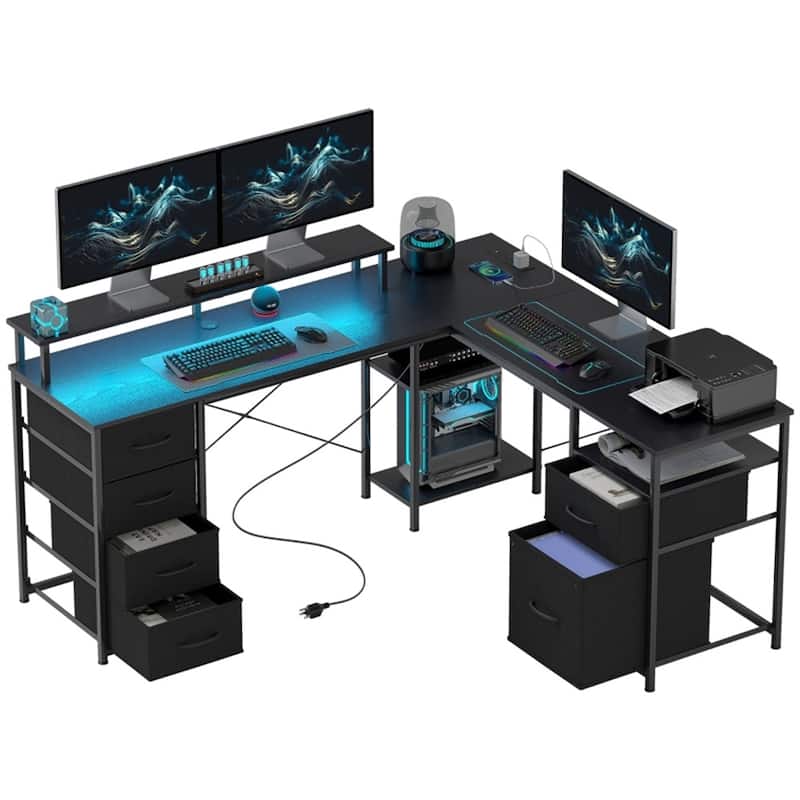 L Shaped Gaming Desk with RGB LED Light USB Charging Ports Storage Drawers and Ergonomic Monitor Stand Sturdy Office - Black