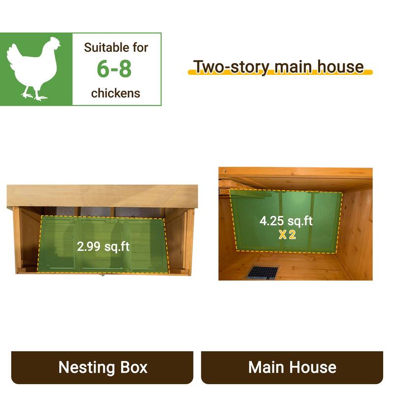 Chicken Coop, Double-House Wooden Chicken Coop For 6-8 Chickens With 3 Nesting Boxes And 2 Pull-Out Trays, A Foldable Ramp