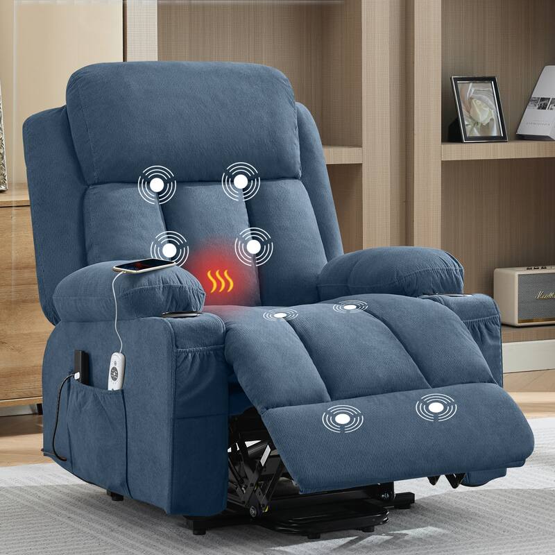 Power Lift Recliner Chair with Heat and Massage Electric Fabric Recliner Chair with Side Pocket, USB Charge Port, Remote Control