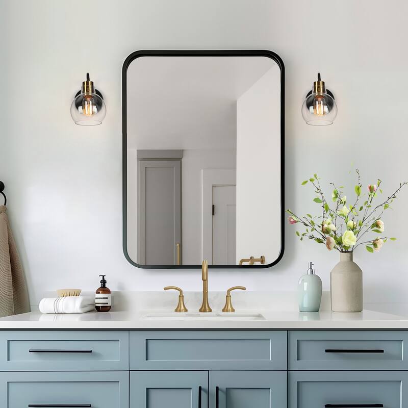 Modern 1-Light Black Gold Wall Sconces Globe Glass Bathroom Vanity Lights - 5.5" L x 8" W x 8.5" H