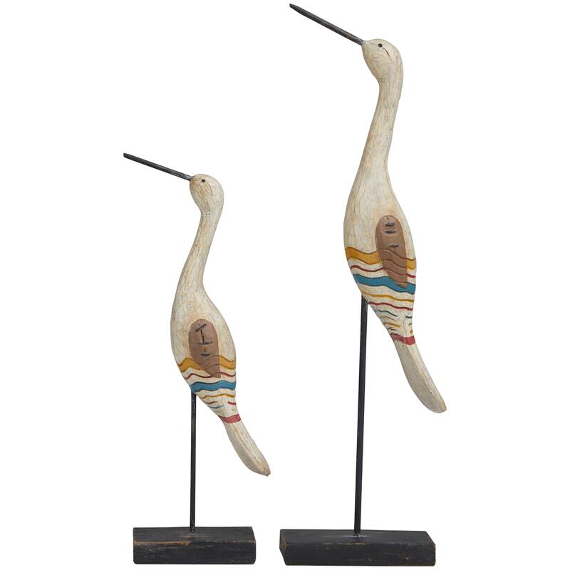 Cream Polystone Handmade Distressed Carved Bird Decorative Sculpture with Colorful Patterns and Black Stand (Set of 2)