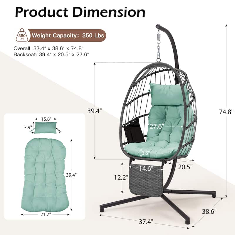 EROMMY Hanging Egg Chair with Stand, Foldable Indoor/Outdoor Swing Chair includes Cushion and Pillow, Patio Wicker Swing