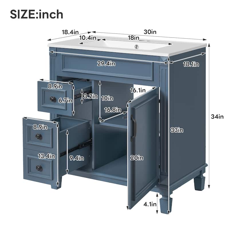 Roomfitters 30" Bathroom Vanity with Ceramic Sink, Storage Cabinet with Drawers and Adjustable Shelf, Blue Bathroom Cabinet