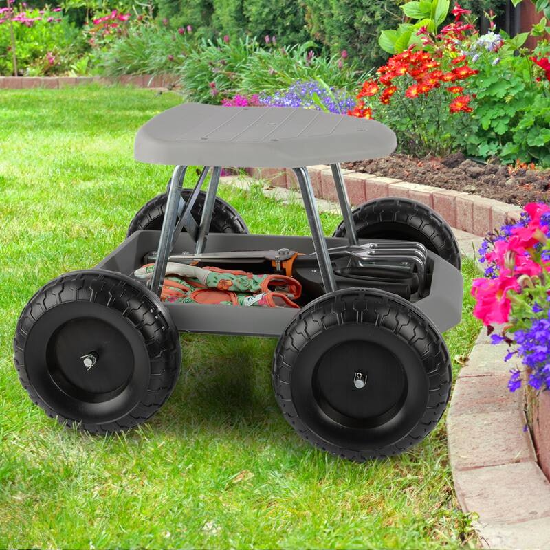 Gardening Stool - Rolling Garden Seat with Wheels and Storage Tool Tray by Pure Garden