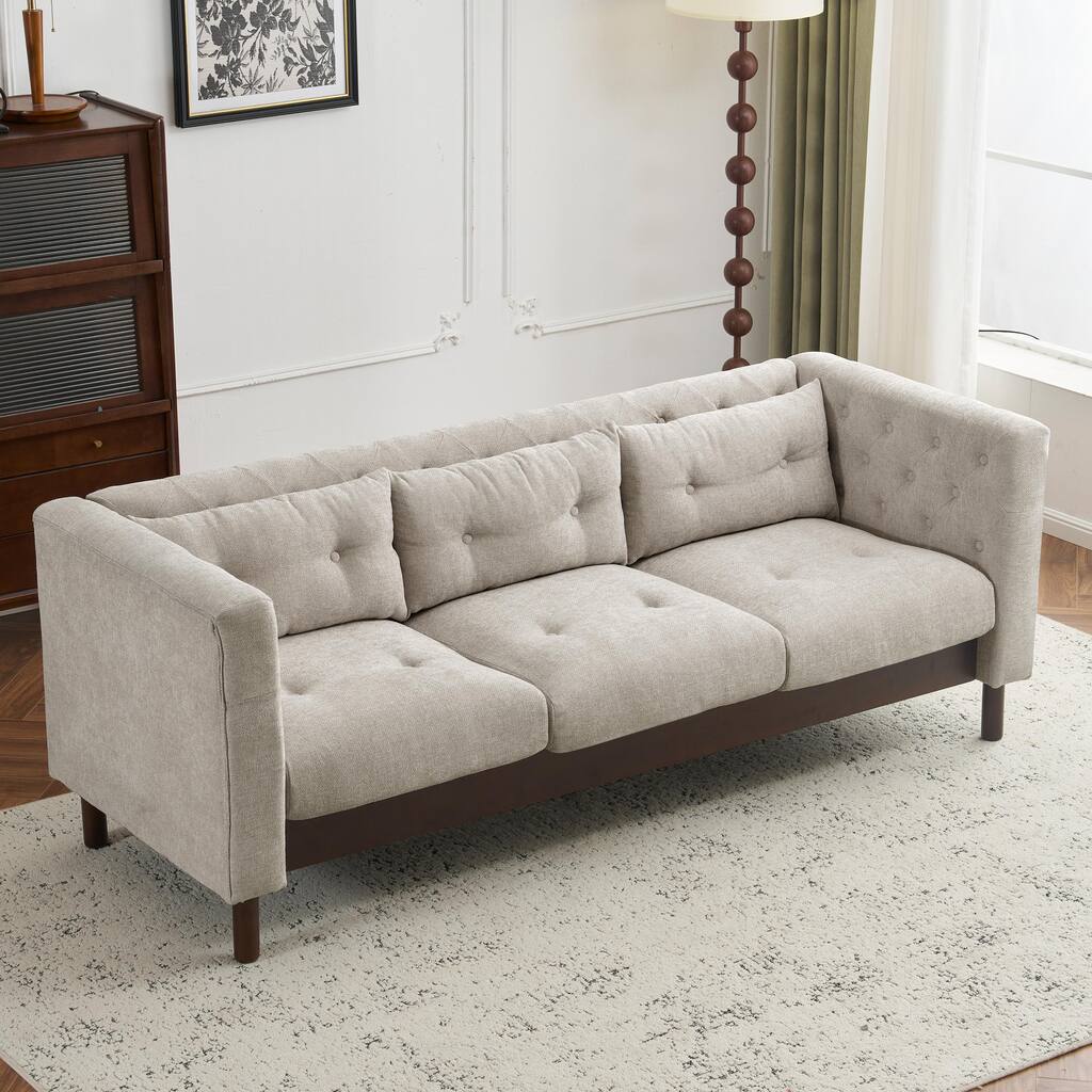 Modern 3-Seater Upholstered Sofa with Tufted Design and Sturdy Construction, Grayish Beige