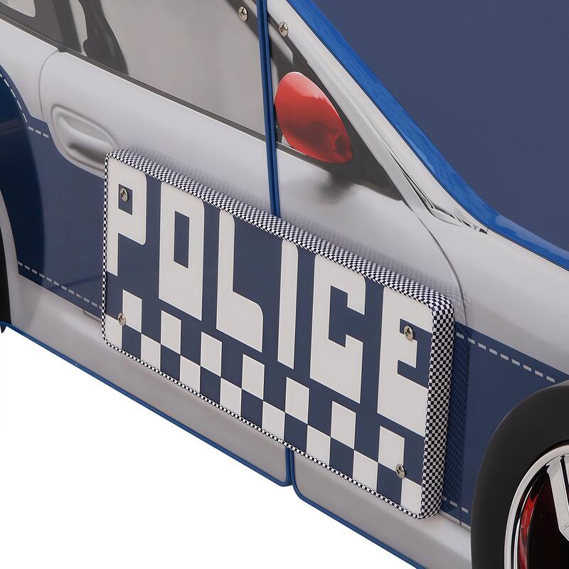 Kids Police Car Floor Bed with LED Light - Twin Size Role Play Bed for Boys & Girls